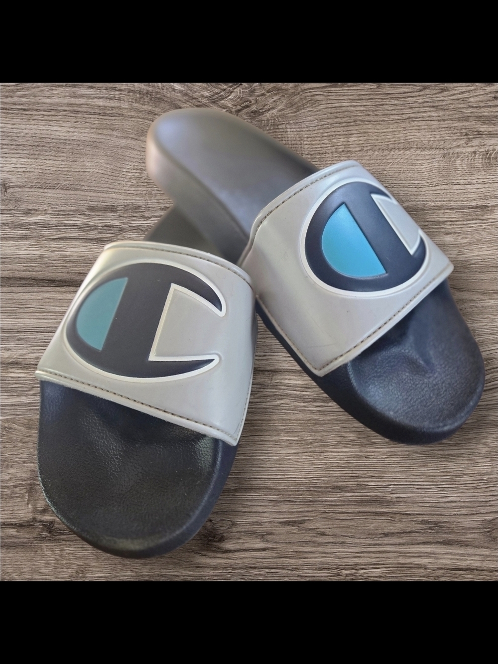 Champion IPO Optic Slide Navy Grey Teal Sandals - 6.5W & 5 Big Kids EUC